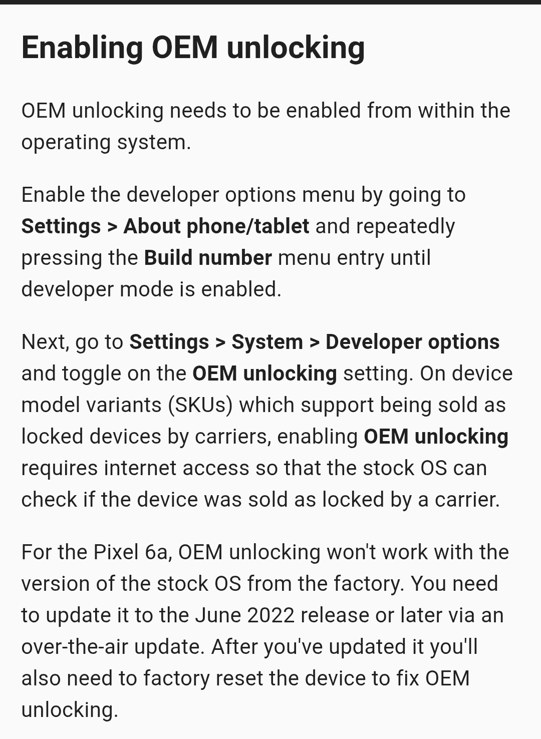 OEM unlocking setting on a Google Pixel